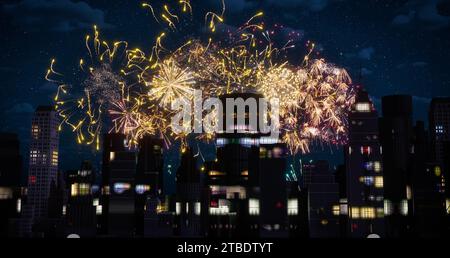 Brightly colorful fireworks in big city for New Years, Christmas, wedding and other events celebration on blue dark sky Stock Photo