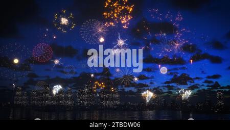 Brightly colorful fireworks in big city for New Years, Christmas, wedding and other events celebration on blue dark sky Stock Photo