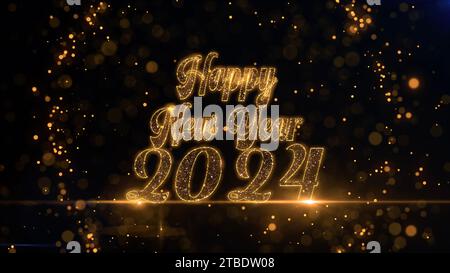 Happy New Year 2024 and particles of light on festive black background. Winter holidays concept Stock Photo