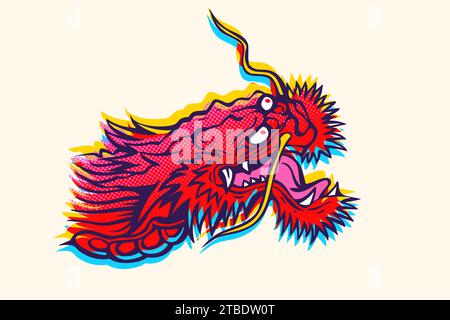 Vector illustration of a head of Chinese dragon white background. Vector Asian dragon in glitch style. Stock Vector