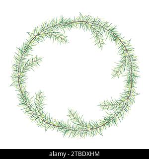 Christmas wreath watercolor green pine or fir branches isolated on a white background. Illustration for greeting cards, banners, invitations, calendar Stock Photo