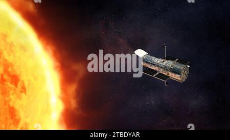 Space telescope the Hubble near by Sun. Elements of this image furnished by NASA. Stock Photo