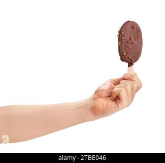 ice-cream on stick in hand path isolated on white Stock Photo