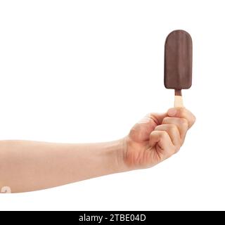 ice-cream on stick in hand path isolated on white Stock Photo