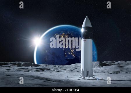 Starship spacecraft on Moon surface with night Earth. Artemis space mission. Elements of this image furnished by NASA. Stock Photo
