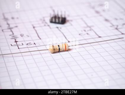 Circuit diagram and components. Project planning, design and production in electric - electronic industry. Focused on resistor. Stock Photo