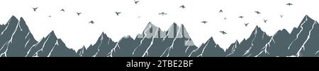 Seamless mountain background and Flying birds in the sky. Hand drawing. Not AI. Vector illustration Stock Vector