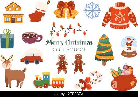 Christmas collection of different elements such a winter yellow house, bells with red bow, cocoa with marshmallow, car in snow, candy cane, deer, sweater and train toy. Stock Vector