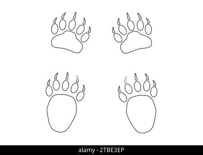 Bear or panda paw footprints with claws. Contour. 4 paws. Black vector illustration isolated on white. Grizzly wild animal paw print icon and symbol. Stock Vector