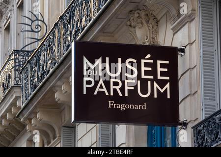 Sign of the Fragonard perfume museum, a museum dedicated to the history of perfume and created by the Fragonard perfumery in Paris, France Stock Photo