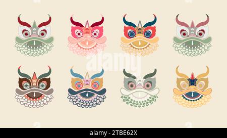Happy New Year 2024, Chinese New Year. Set of multi-colored dragon masks. Year of the Dragon. Vector illustration Stock Vector