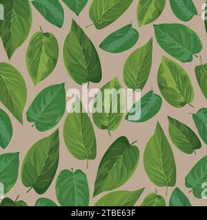 Seamless pattern of green leaves of the lilac tree on a beige background Stock Vector