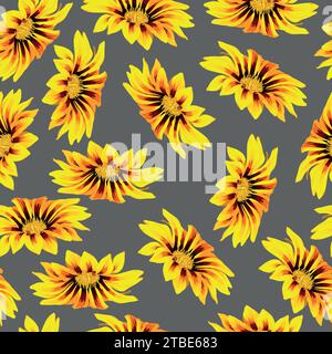 Seamless pattern with buds of orange gazania flowers on a gray background Stock Vector