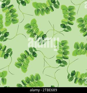 Seamless pattern with green curly leaves on a light green background Stock Vector