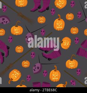 Seamless pattern with attributes for celebrating Halloween on a dark background Stock Vector