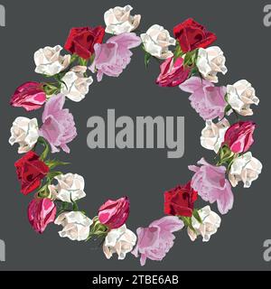 Round wreath of buds of white, red, pink roses on a gray background Stock Vector