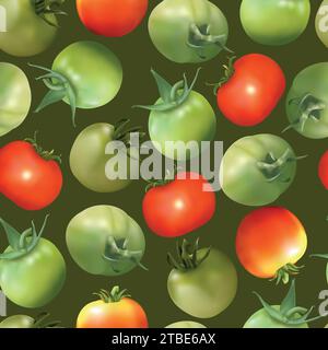 Seamless pattern of red and green tomatoes on a green background Stock Vector