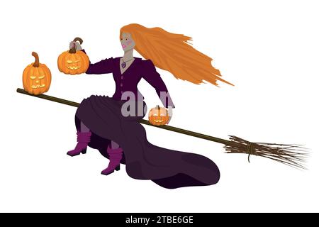 Beautiful red-haired witch flies on a broomstick with pumpkins to celebrate Halloween Stock Vector