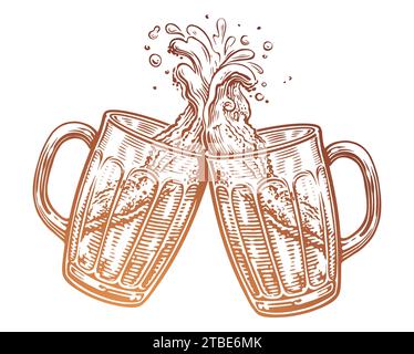 Two glass beer mugs, toast. The clink of glasses with an alcoholic drink, splashes of foam. Vector illustration Stock Vector