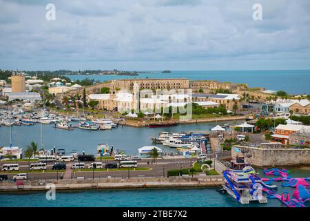 Marina at former Royal Naval Dockyard with Store House Clock Tower at the background in Sandy Parish, Bermuda. Stock Photo