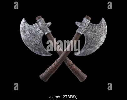 Two crossed axes isolated on black background Stock Photo