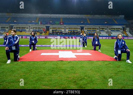 Parma, Italy. 05th Dec, 2023. Swiss flag prior to UEFA Womens Nations League football match between Italy and Switzerland at Stadio Ennio Tardini in Parma, Italy. (Foto: Daniela Porcelli/Sports Press Photo/C - ONE HOUR DEADLINE - ONLY ACTIVATE FTP IF IMAGES LESS THAN ONE HOUR OLD - Alamy) Credit: SPP Sport Press Photo. /Alamy Live News Stock Photo