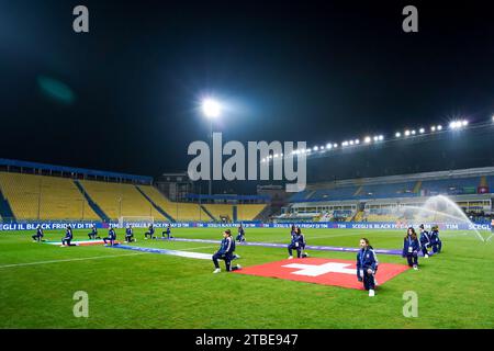 Parma, Italy. 05th Dec, 2023. Swiss flag prior to UEFA Womens Nations League football match between Italy and Switzerland at Stadio Ennio Tardini in Parma, Italy. (Foto: Daniela Porcelli/Sports Press Photo/C - ONE HOUR DEADLINE - ONLY ACTIVATE FTP IF IMAGES LESS THAN ONE HOUR OLD - Alamy) Credit: SPP Sport Press Photo. /Alamy Live News Stock Photo