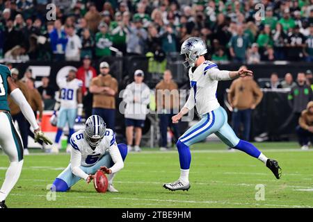 Dallas Cowboys kicker Brandon Aubrey (17) reacts after kicking a field ...