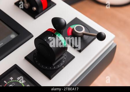 Azimuth thruster control levers,  equipment of a tug boat control panel Stock Photo