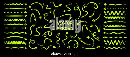 Grunge hand drawn arrows, highlighter lines. Marker stroke, brush pen drawn underline. Handwritten text pointers, notes, marks. Vector illustration Stock Vector