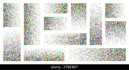 Stipple pattern, dotted rectangular design elements. Stippling, dotwork drawing, shading using dots. Pixel disintegration, random halftone effect Stock Vector