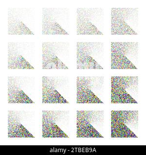 Square shaped dotted objects, stipple elements. Stippling, dotwork drawing shading using dots. Halftone disintegration effect. Colored noise grainy Stock Vector