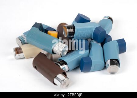 Pile of MDI (metered dosage inhalers) asthma inhalers considered ...