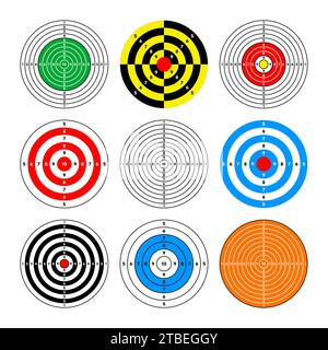 Shooting range paper targets. Round target with divisions, marks and numbers. Archery, gun shooting practise and training, sport competition and Stock Vector