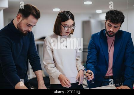 Diverse professionals work late, analyze data, develop strategies for business growth, meet deadline, plan investments, achieve corporate success. Stock Photo