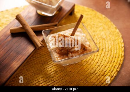Rice pudding. Sweet dish made by cooking rice in milk and sugar, some recipes include cinnamon, vanilla or other ingredients, it is a very easy desser Stock Photo
