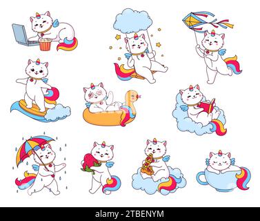 Cute cartoon caticorn characters, funny cat unicorn with rainbow, vector happy kitty. Caticorn kitten baby on magic cloud, with rainbow umbrella and dream sleeping in cup or with heart sunglasses Stock Vector