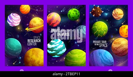 Cartoon outer space planets posters. Space adventure, galaxy research or astronomy science vector flyer. Universe discovery and travel vertical poster or banner with alien galaxy fantastic planets Stock Vector