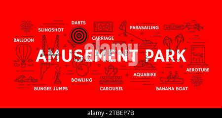 Line amusement park banner with funfair carnival rides and attractions, vector background. Amusement park bungee jumps, banana boat and darts game, parasailing and bowling or aquabike entertainment Stock Vector