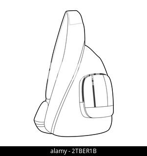 Sling Bag backpack silhouette bag. Fashion accessory technical illustration. Vector satchel front 3-4 view for Men, women, unisex style, flat handbag CAD mockup sketch outline isolated Stock Vector