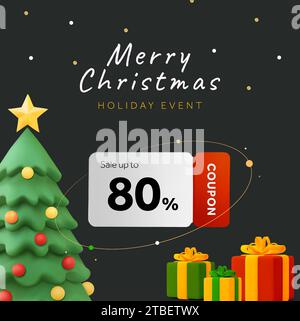 3D Merry Christmas banner template with noel pine tree decorated with ...