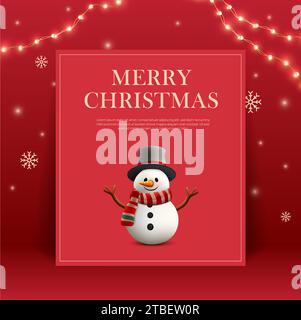 3d Merry christmas gift card template with cute snowman, snowflakes, neon light, red background. Noel banner template. 3d rendered gift card. Vector illustration. Vector illustration Stock Vector
