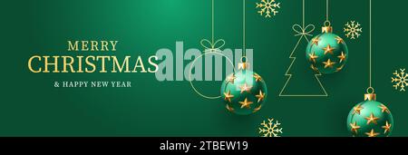 3d Merry Christmas background, banner template with hanging ornaments decorated with golden stars, green theme. 3d rendered ornaments. Christmas gift card, landing page. Vector illustration. Vector illustration Stock Vector