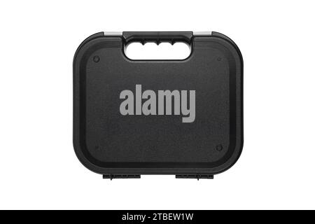 Black plastic container with foam inside for safe storage and transportation of fragile and expensive items. Sturdy plastic case. Isolate on a white b Stock Photo