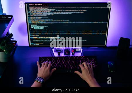 Computer screen with programming code abstract technology background of software developer and computer script. Information technology concept, web resource development Stock Photo