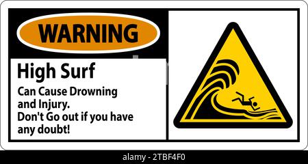 Beach Hazard Warning Sign, High Surf Can Cause Drowning And Injury. Don't Go Out If You Have Any Doubt Stock Vector