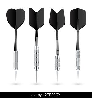 Black dart arrows with metal tip and shadow. Dart throwing sport game, dartboard equipment. Vector illustration Stock Vector