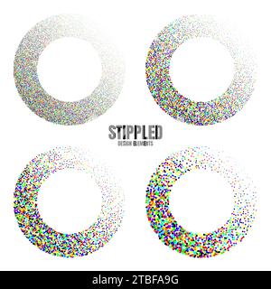 Round shaped dotted objects, vintage stipple elements. Fading gradient. Stippling, dotwork drawing, shading using dots. Colored disintegration effect Stock Vector