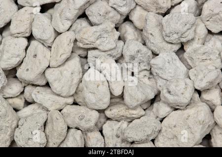 Pumice stone mineral sample from directly above. Light porous volcanic rock used for many applications, including cosmetic, cleaning and horticulture. Stock Photo