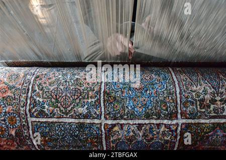 A Kashmiri artisan weaves a traditional carpet at a factory in Srinagar, the summer capital of Jammu and Kashmir. Famed the world over for their resplendent colour and intricate patterns, the carpets woven by the artisans of Jammu & Kashmir hold a centuries old legacy in their weave. The magnificent craft of carpet weaving was brought to the Kashmir valley from Persia in the 14th century. Kashmiri carpets are popular throughout the world for their quality material and authenticity and are specifically known for being handmade and unique in their exquisite style. The continued demand for carpe Stock Photo